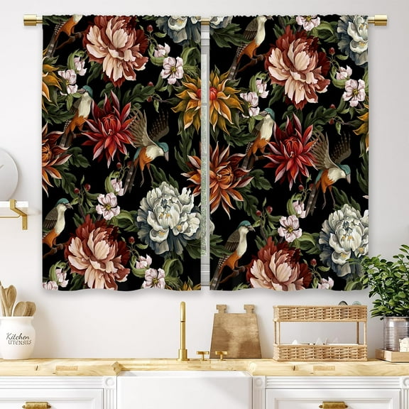 Boho Floral Kitchen Curtains Black Bohemian Flower Small Short Cafe Window Curtains Leaf Spring Aesthetic Blossom Rod Pocket Bathroom Window Drapes Treatment Tier Curtains (27.5x39 Inch)
