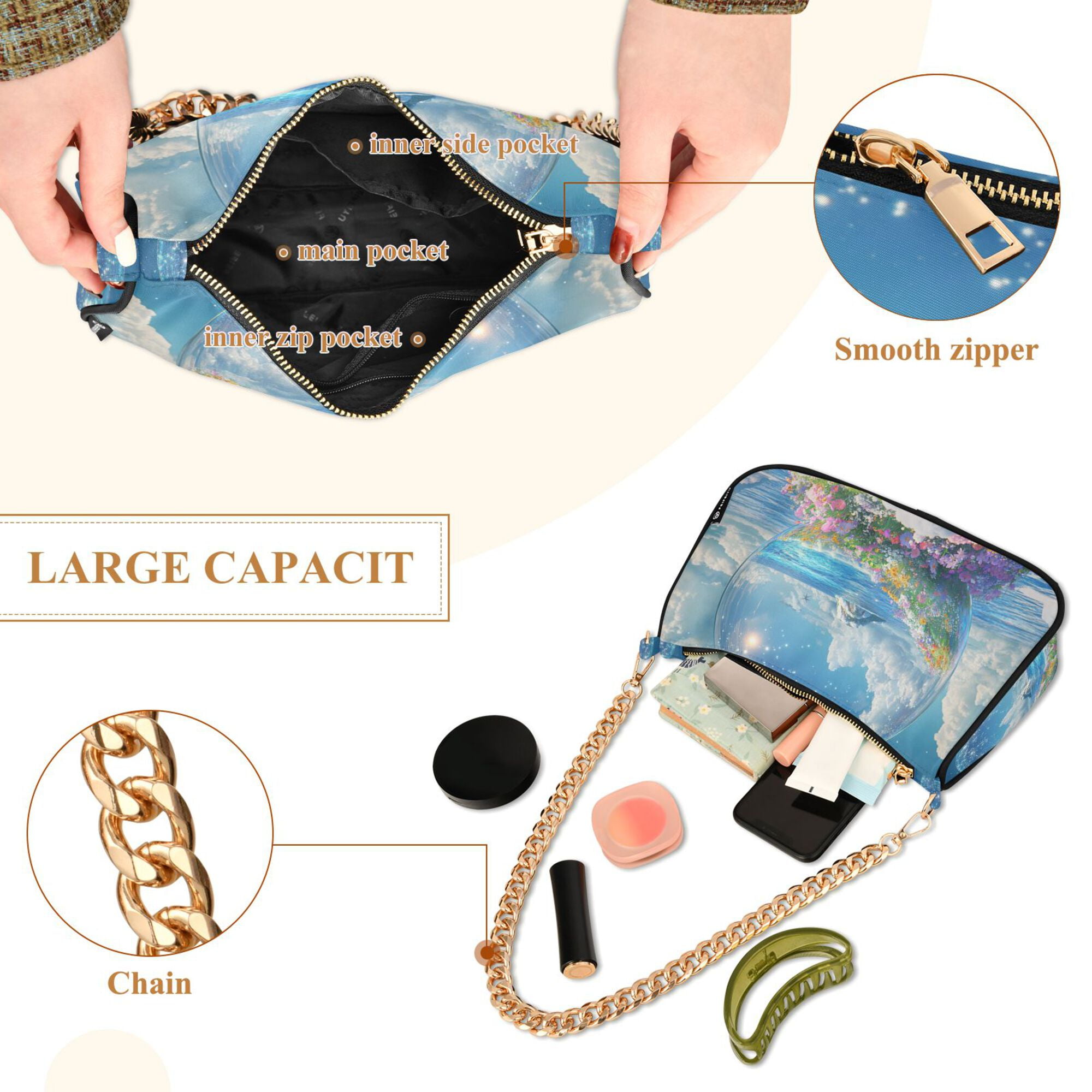 FORMRS Womens Shoulder Bag with Chain Strap Clutch Purse Cute Tote Handbag, Crystal Ocean