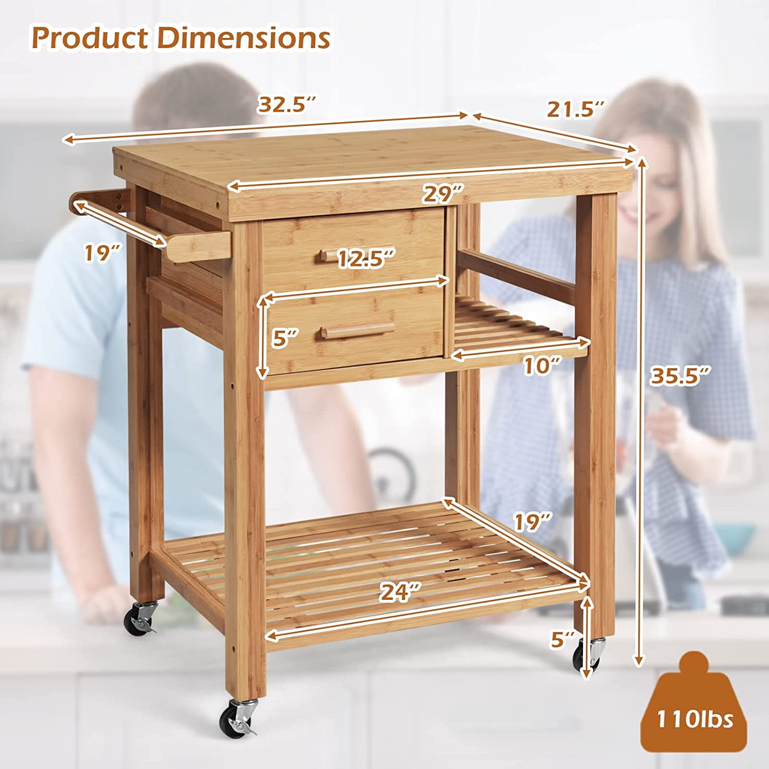 Bamboo Kitchen Island Cart, Butcher Block Table on Wheels with Drawers, Shelves, Towel Rack