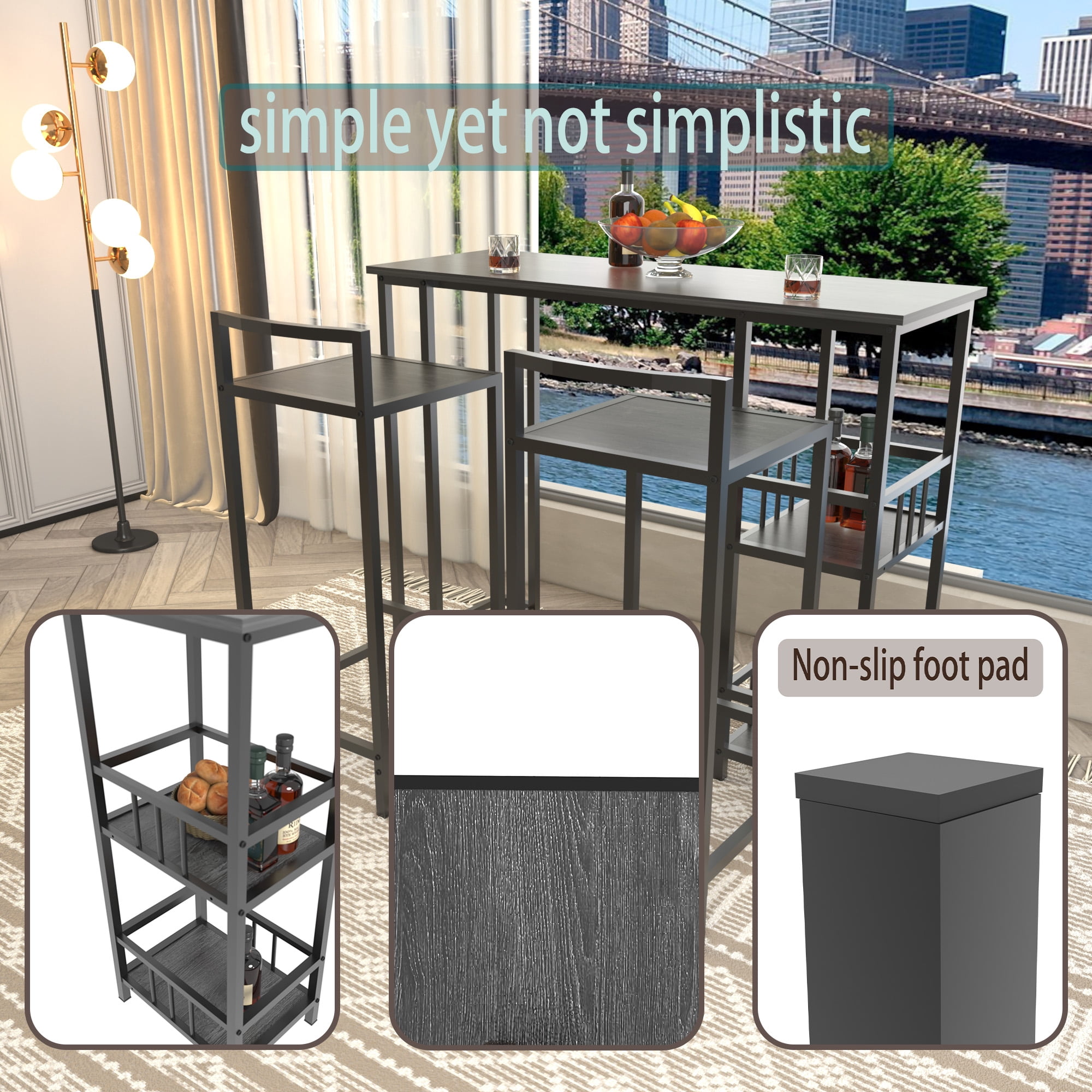 3 Piece Counter Height Bar Table Set with 2 Backless Bar Stools, Rectangular Pub High Table with 3-Tier Side Storage Shelves, Industrial Wood Grain Bar Furniture for Balcony Kitchen Small Home Bar