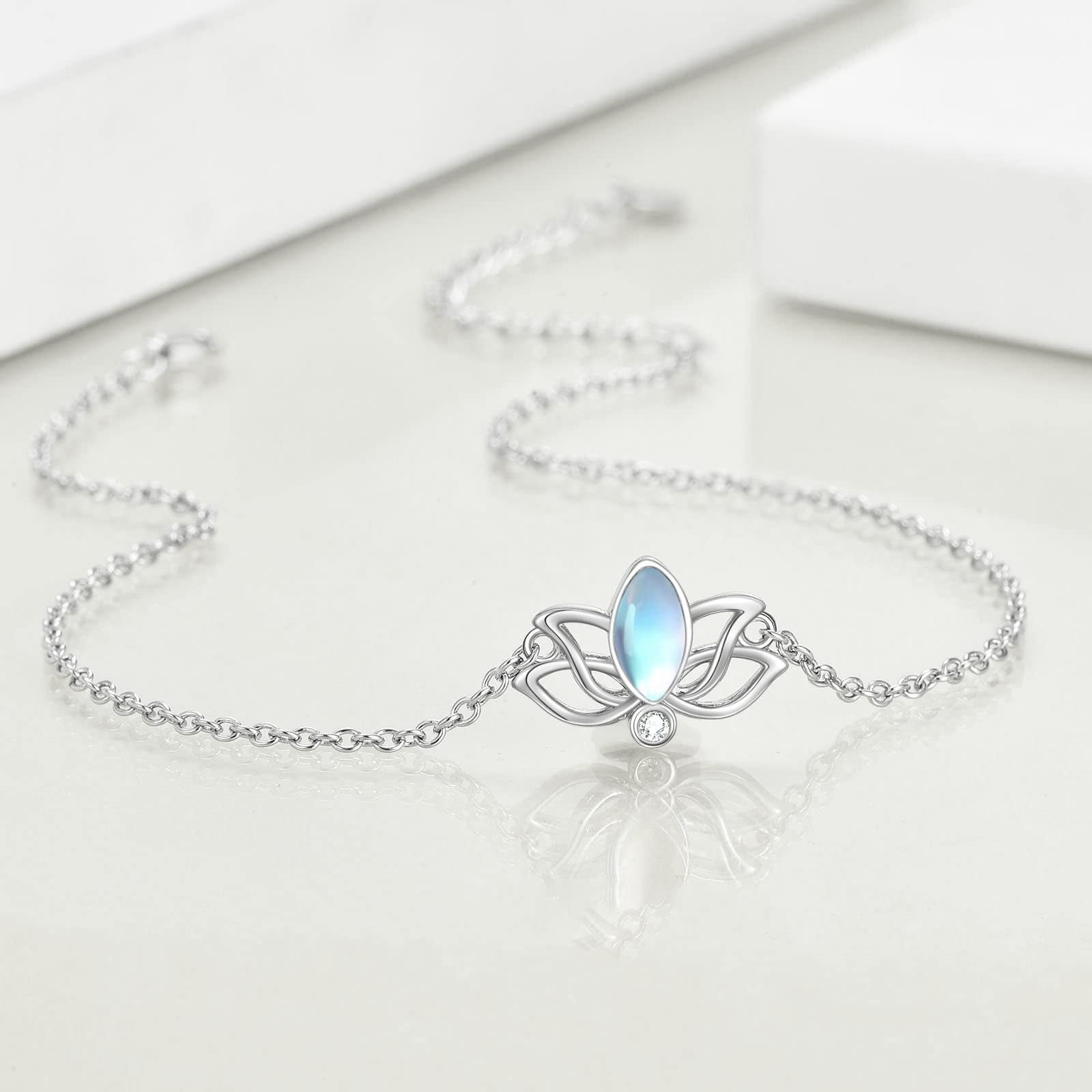 YAFEINI Moonstone Lotus Anklet for Women Sterling Silver Lotus Flower Adjustable Anklets Yoga Jewelry Gifts for Women
