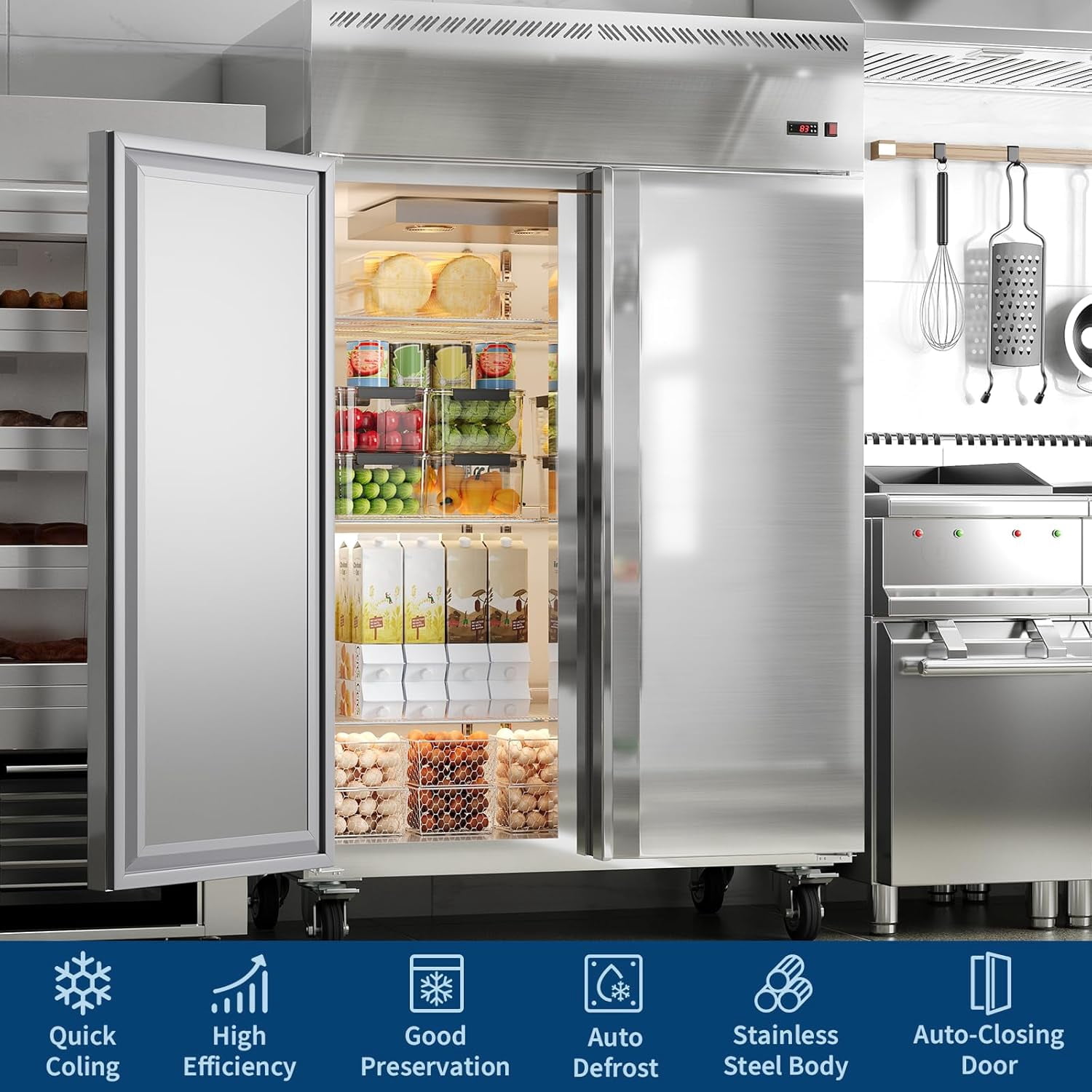 IdealHouse Commercial Refrigerator Reach-In 48" W Double Solid Door Stainless Steel Commercial Refrigerator 36 Cu.Ft Fan Cooling for Restuarant, Bar, Shop, Etc