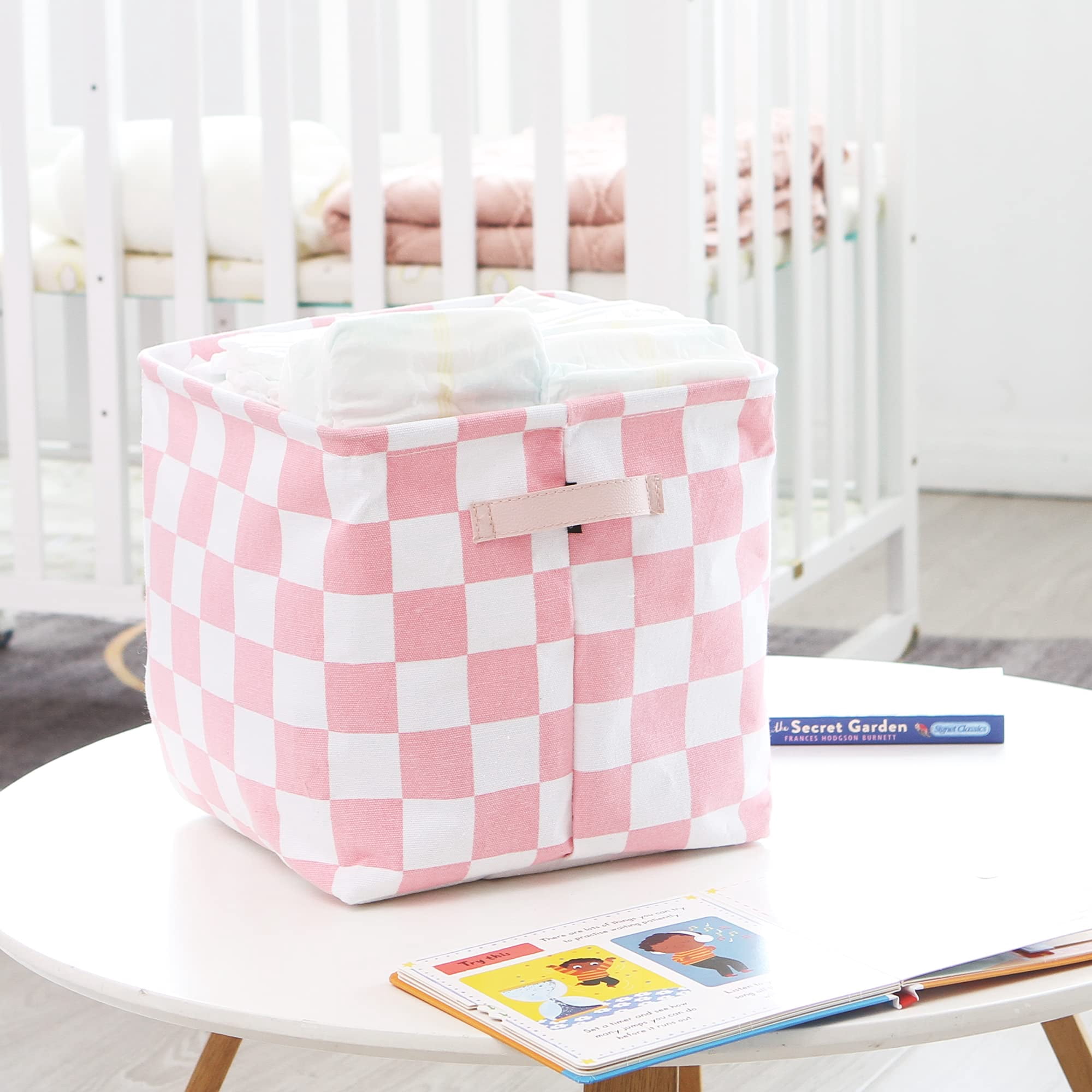 Hinwo 3-Pack Square Organizer Shelf Bins, Canvas Fabric Storage Baskets with Handles & Drawstring Cover, 22L Collapsible Storage Boxes, 11 x 11 x 11 Inches, Pink Checkerboard