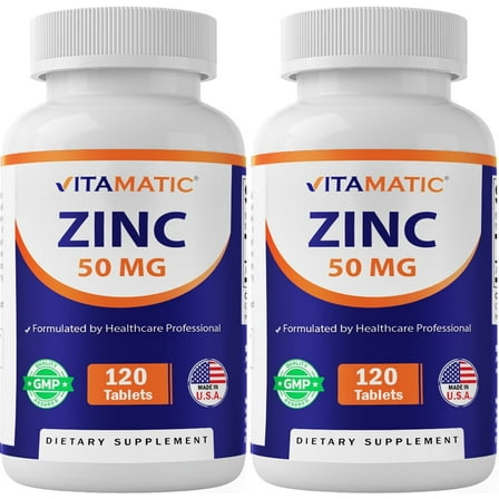 Vitamatic Zinc Supplement 50 mg Zinc Gluconate, 2 Pack, 120 Ct