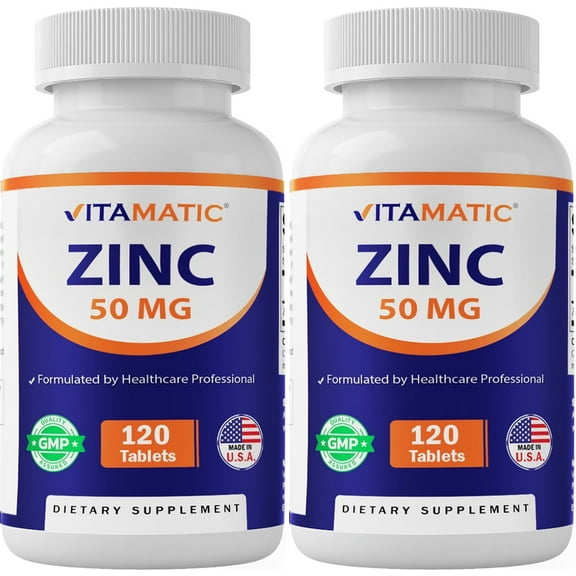 Vitamatic Zinc Supplement 50 mg Zinc Gluconate, 2 Pack, 120 Ct