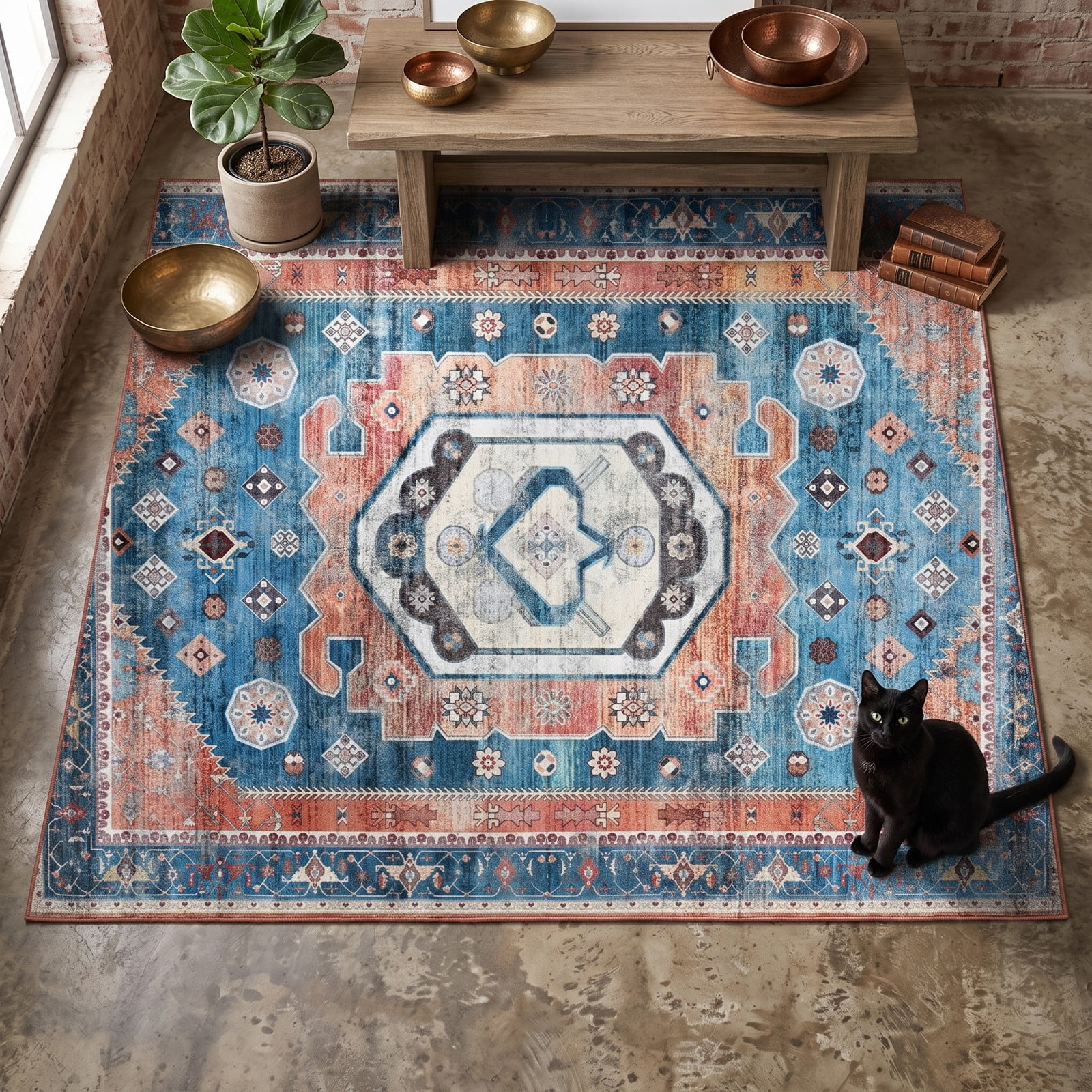 ALPULON 5 x 7 Feet Non-Shedding Distressed Vintage Area Rug, Non-Slip Waterproof Indoor Floor Carpet for Living Room Bedroom Dining Room Entryway, Multicolor