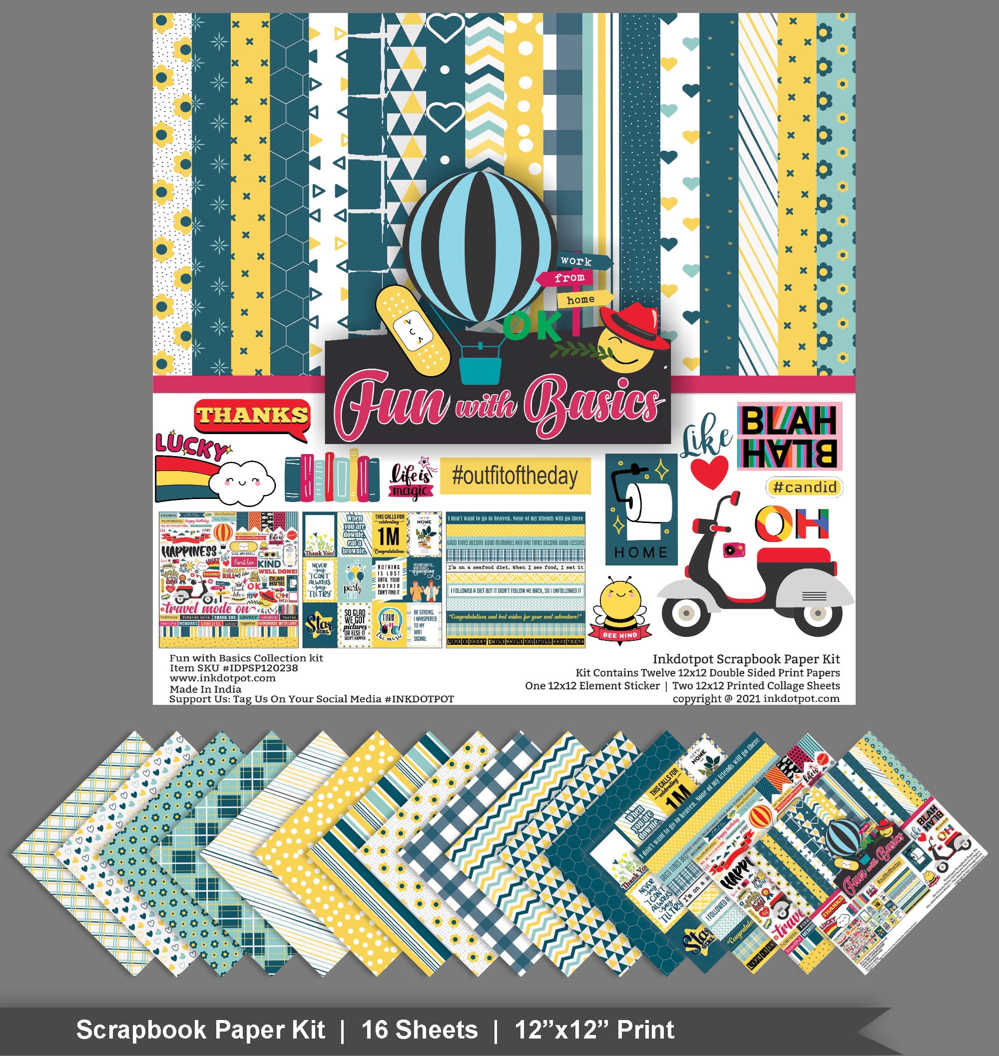 Inkdotpot Fun With Basics Collection Double,Sided Scrapbook Paper Kit Cardstock 12"x12" Card Making Paper Pack Of With Sticker Sheet - 16 Pages - Yellow & Teal Green