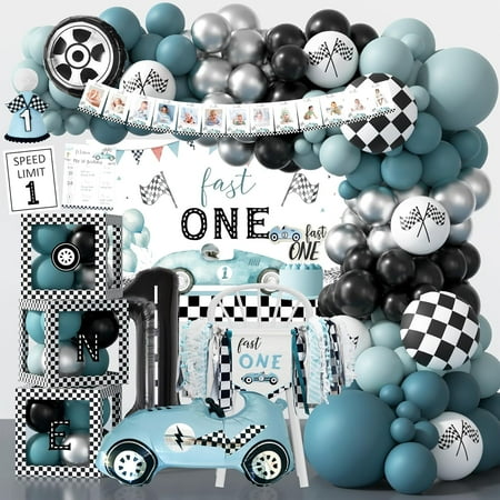 Fast One Birthday Decorations for Boys, Race Car 1st Birthday Decoration, First Bday Party Supplies with Backdrop Balloon Arch Banner Boxes Crown Tablecloth Cake Topper