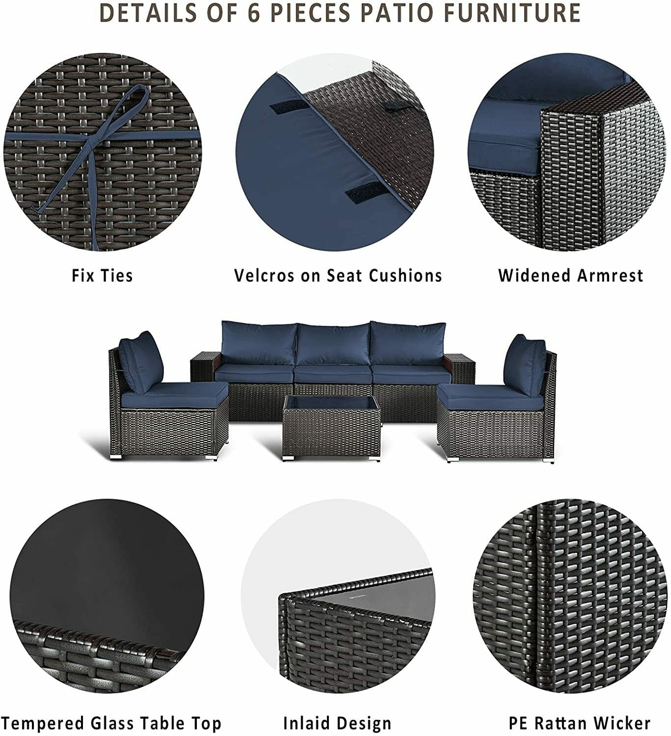 Gotland Outdoor Patio Furniture Set 6 Piece Sectional Rattan Sofa Set Rattan Wicker Patio Conversation Set with 5 Seat Cushions and 1 Tempered Glass Table, Dark Blue