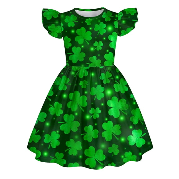 XAOFW Girl's Dresses St. Patrick'S Day Print Ruffle Sleeves Crewneck Pleated Dress Dance Party Fashionable Soft Sundress