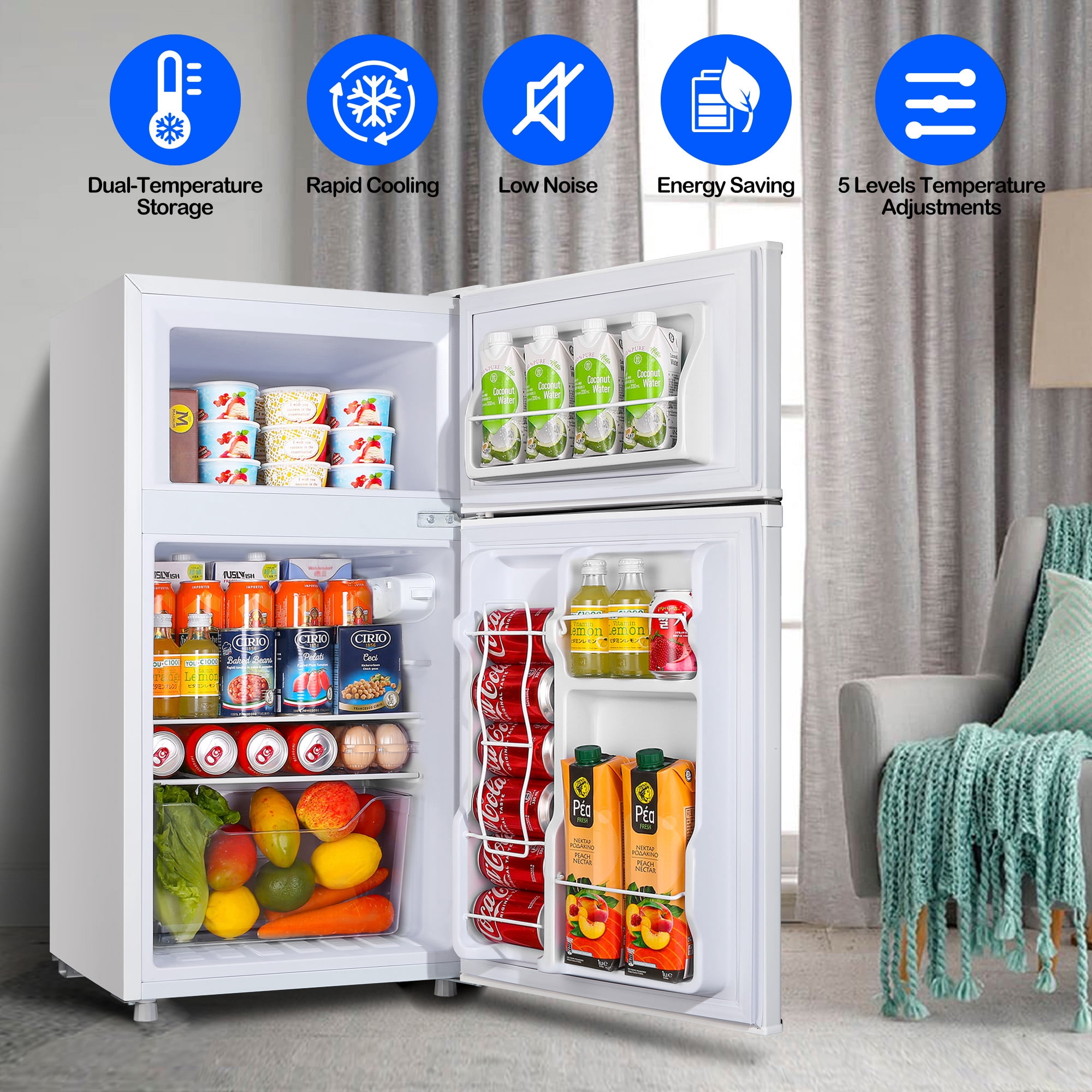 WANAI 3.5 Cu ft Two Door Mini Refrigerator,2 in 1 Mini Fridge with Freezer, 7-Level Temperature Adjustment,with  LED lights,White,for  Dorm/bedroom/office/apartment