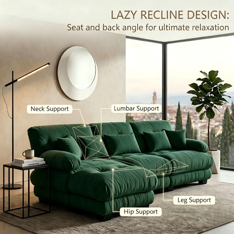 ANPPORT Cloud Couch Sleeper Sofa, Chenille Green 3-Seater Modular Sofa with 1 Ottomans, 3 Lumbar pillows, 2 Pillows, Comfy Deep Seat Cloud Sofa, Convertible L-Shaped Floor Couch for Living Room