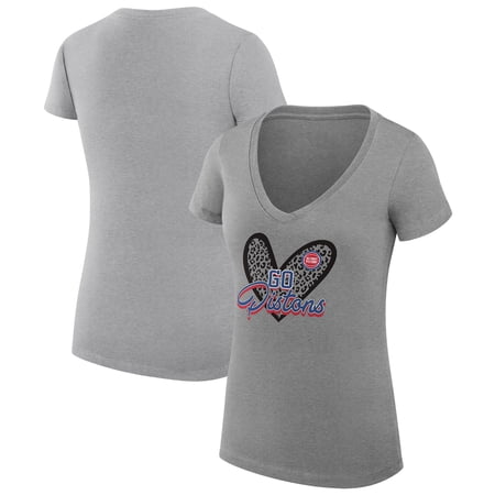 Women s G-III 4Her by Carl Banks Heather Gray Detroit Pistons Super-Slim Fit Lightweight Leopard Heart V-Neck T-Shirt