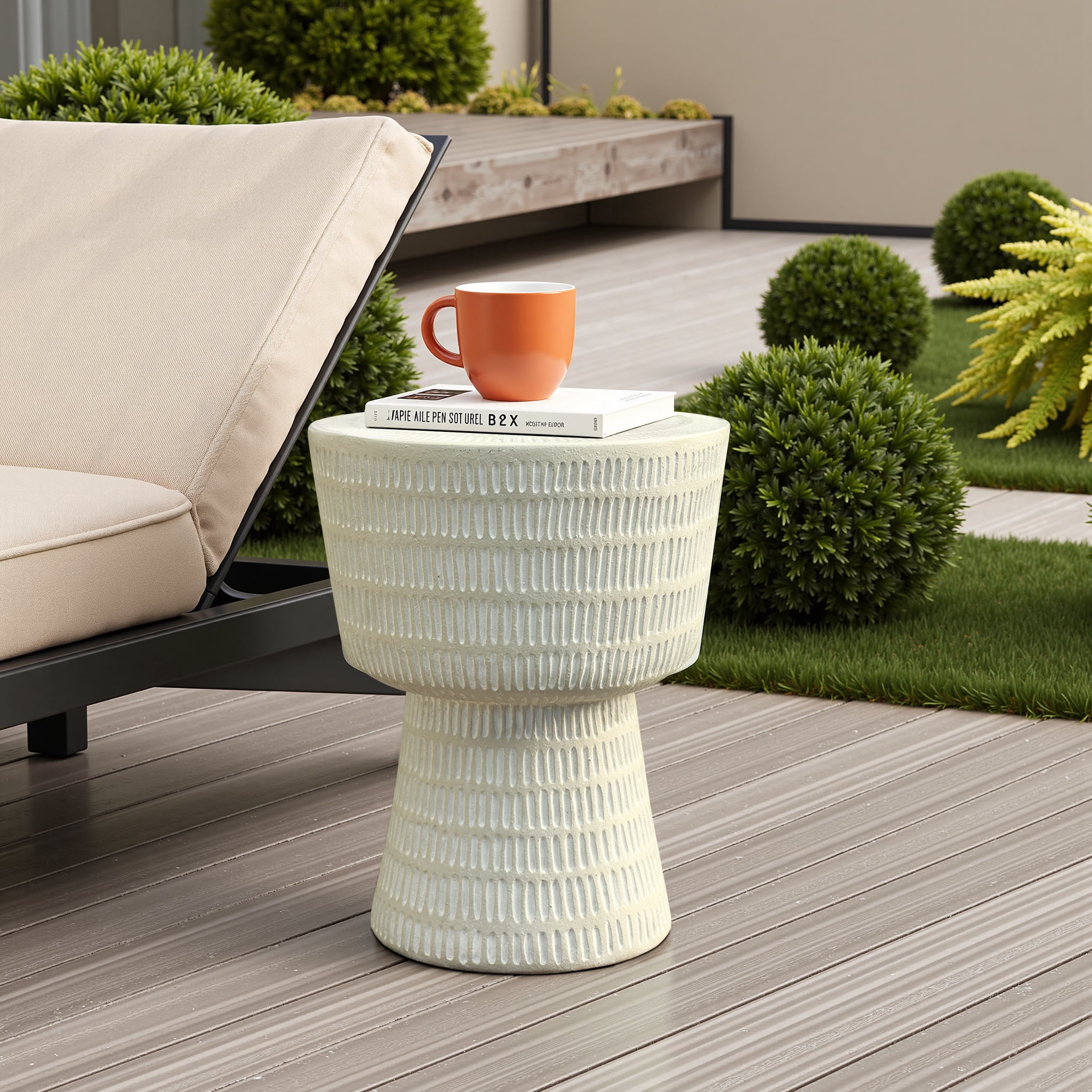 LuxenHome Outdoor Side Table, 15'' Off White Round Spiral Pattern Accent End Table, Indoor Outdoor Coffee Tables for Patio, Living Room, Backyard,Garden Stool and Plant Stand