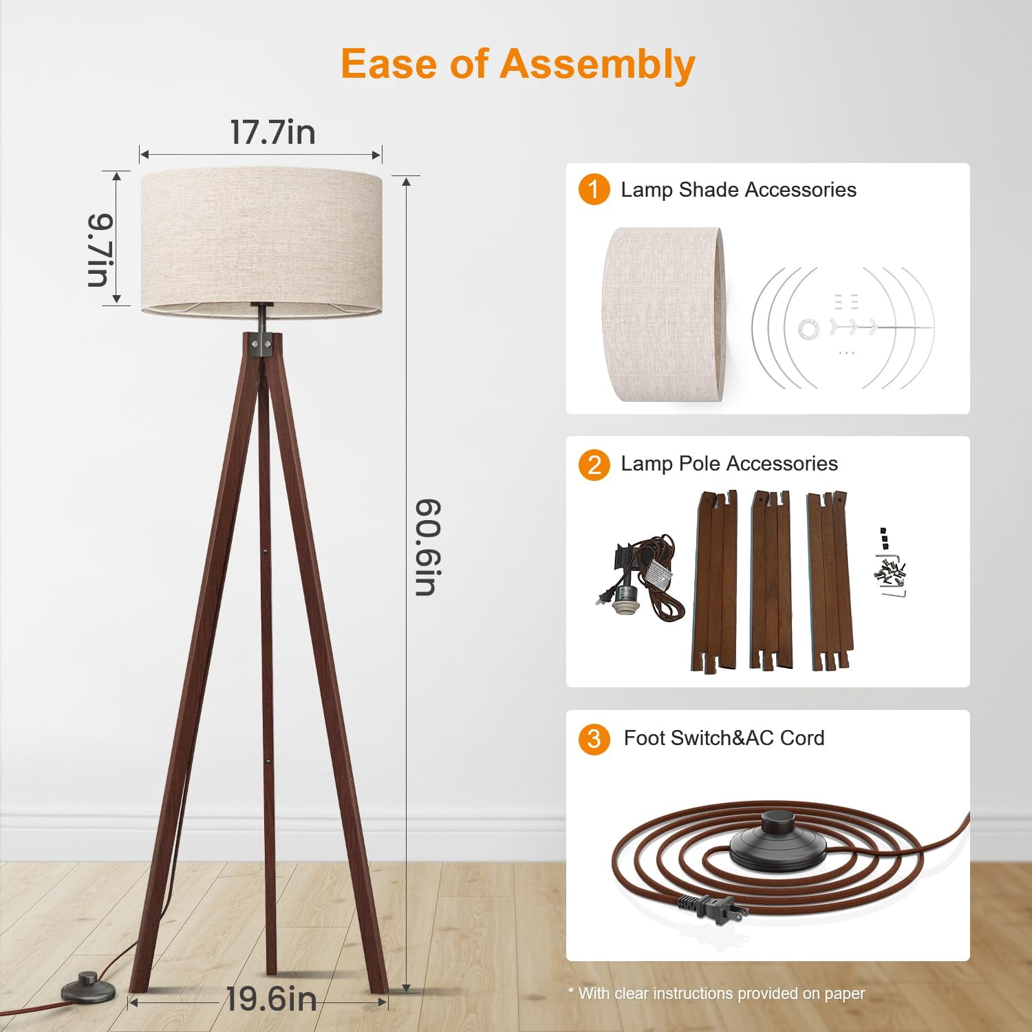 Wood Tripod Floor Lamp, Mid Century Standing Lamp, Modern Design Studying Light for Living Room, Bedroom, Study Room and Office, Flaxen Linen Shade with E26 Base Brown
