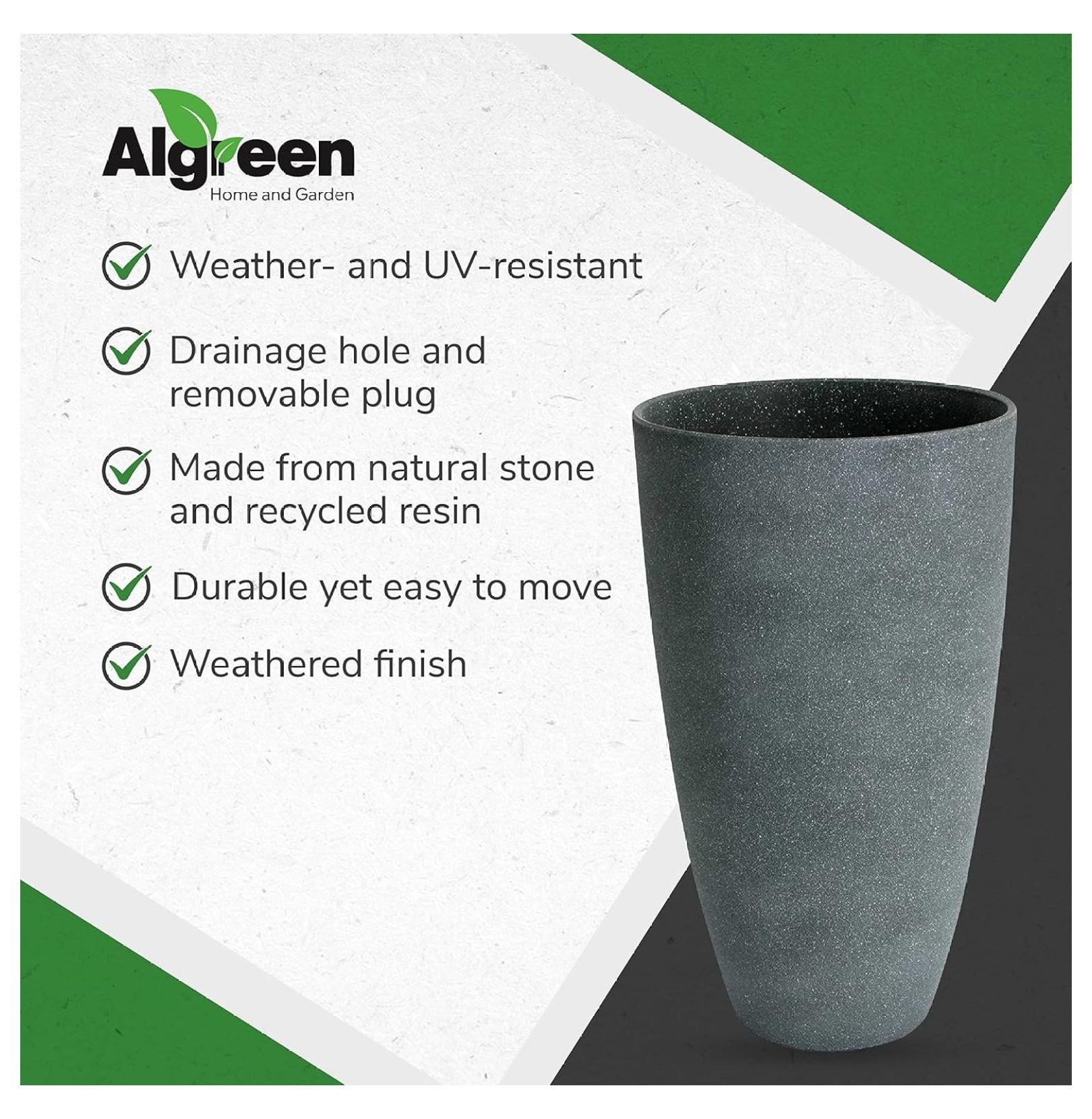 Algreen 43229 Curved Tall Vase Planter, Weathered Grey - Modern Flower Pot for Indoor/Outdoor Use - Durable Stone & Resin Composite - UV Resistant