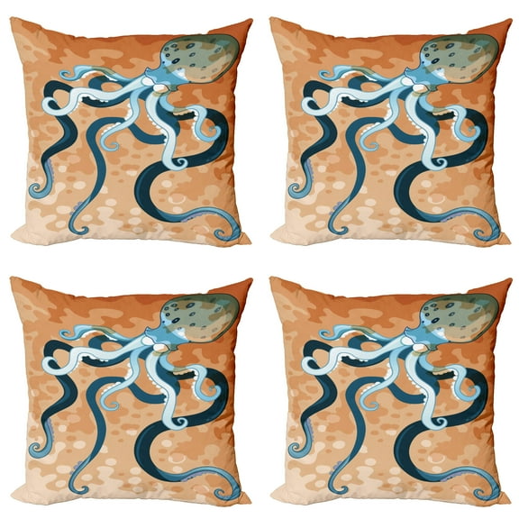 Ambesonne Octopus Throw Pillow Cover 4 Pack, Oceanic Animal Cartoon, 18", Orange Blue