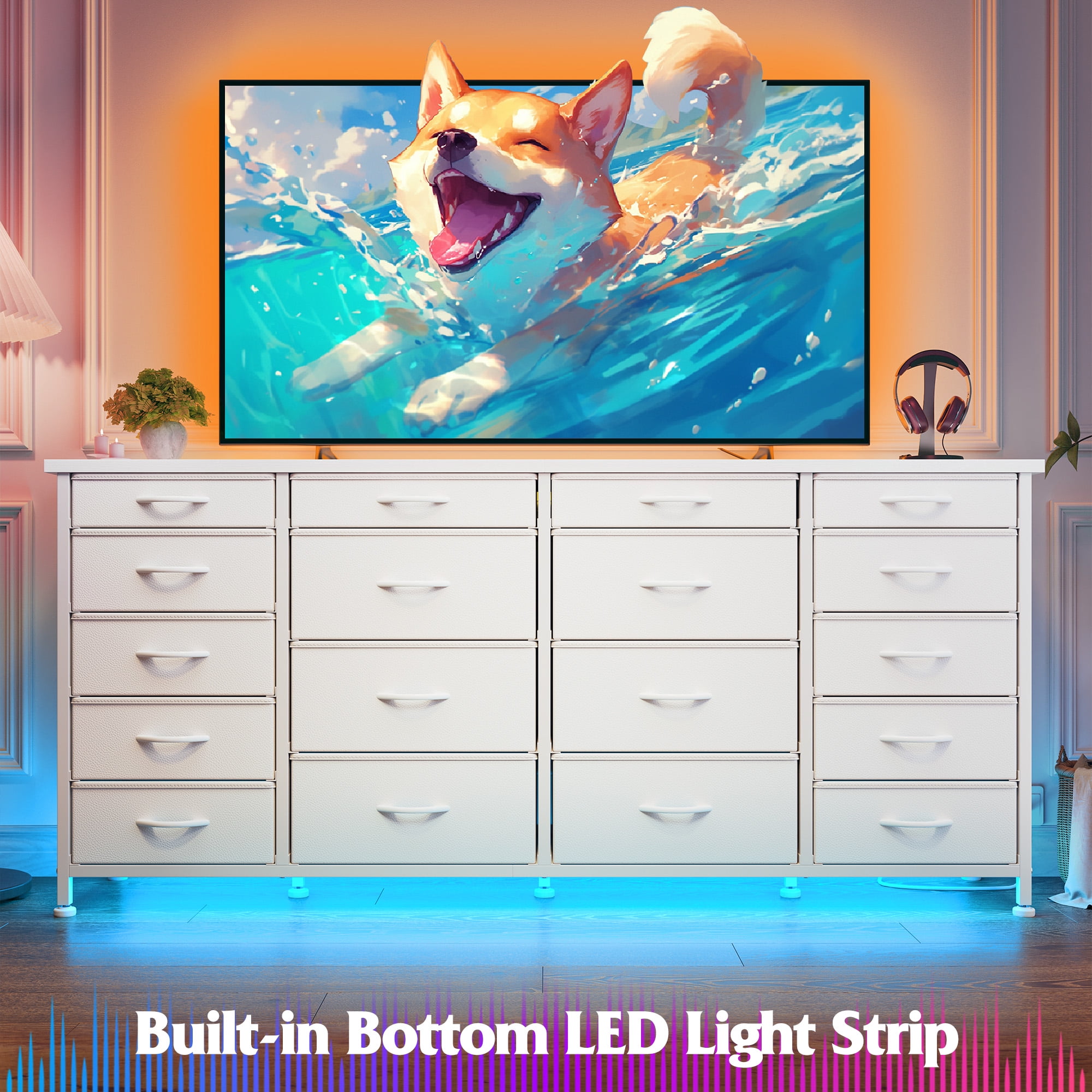 EnHomee 18 Drawers White Dresser with LED Lights & Power Outlets Long Dresser for 65" TV Stand for Living Room Large Fabric Dressers & Chests of Drawers for Bedroom