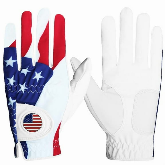 Finger Ten Men's Golf Gloves Left Hand with Ball Marker USA Flag, Blue Camo Plaid