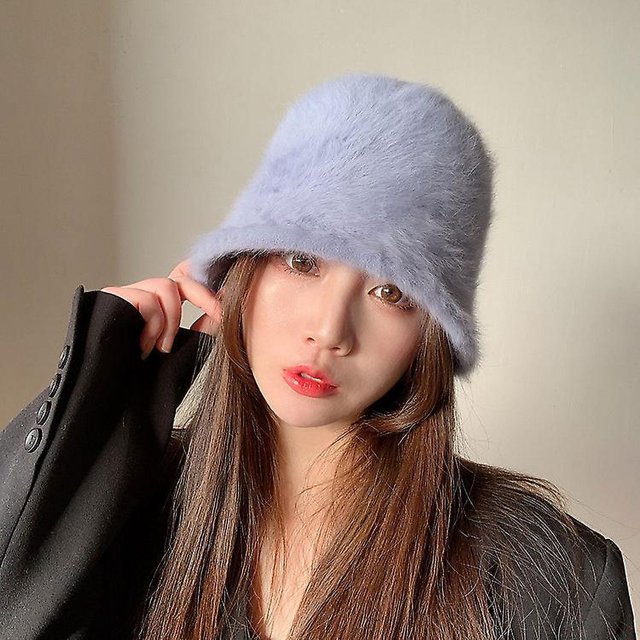 Gorro de piel de conejo para mujer, otoño e invierno, gorro de pescador de felpa que combina con todo, sombrero de cubo pequeño, gorro de lavabo japonés cálido de estilo coreano (azul) Rojo Verde Cocina, Decoración y Otros