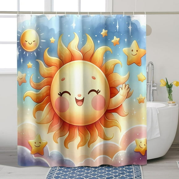 Sun Shower Curtain Star Cartoon Cute Watercolor Design Kids Orange Polyester Washable Women Printed Teen Men Thick Bathroom Dorm Outhouse Guest Bathroom Decor Set with Hooks 72x72 Inch