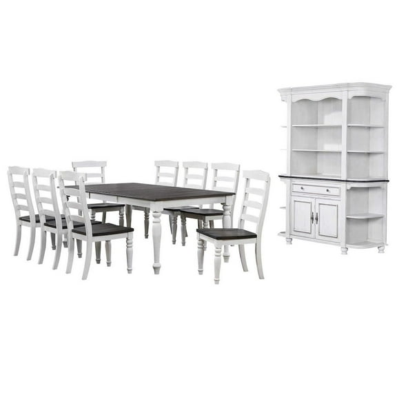 French Chic Extending 96" Dining Set w 8 Chairs & China Cabinet White/Brown Wood