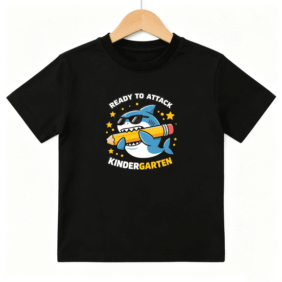 Ready To Attack Kindergarten Shark Boys Graphic Tee, School 100% Cotton Kids Short Sleeve T-Shirt 4-13Y