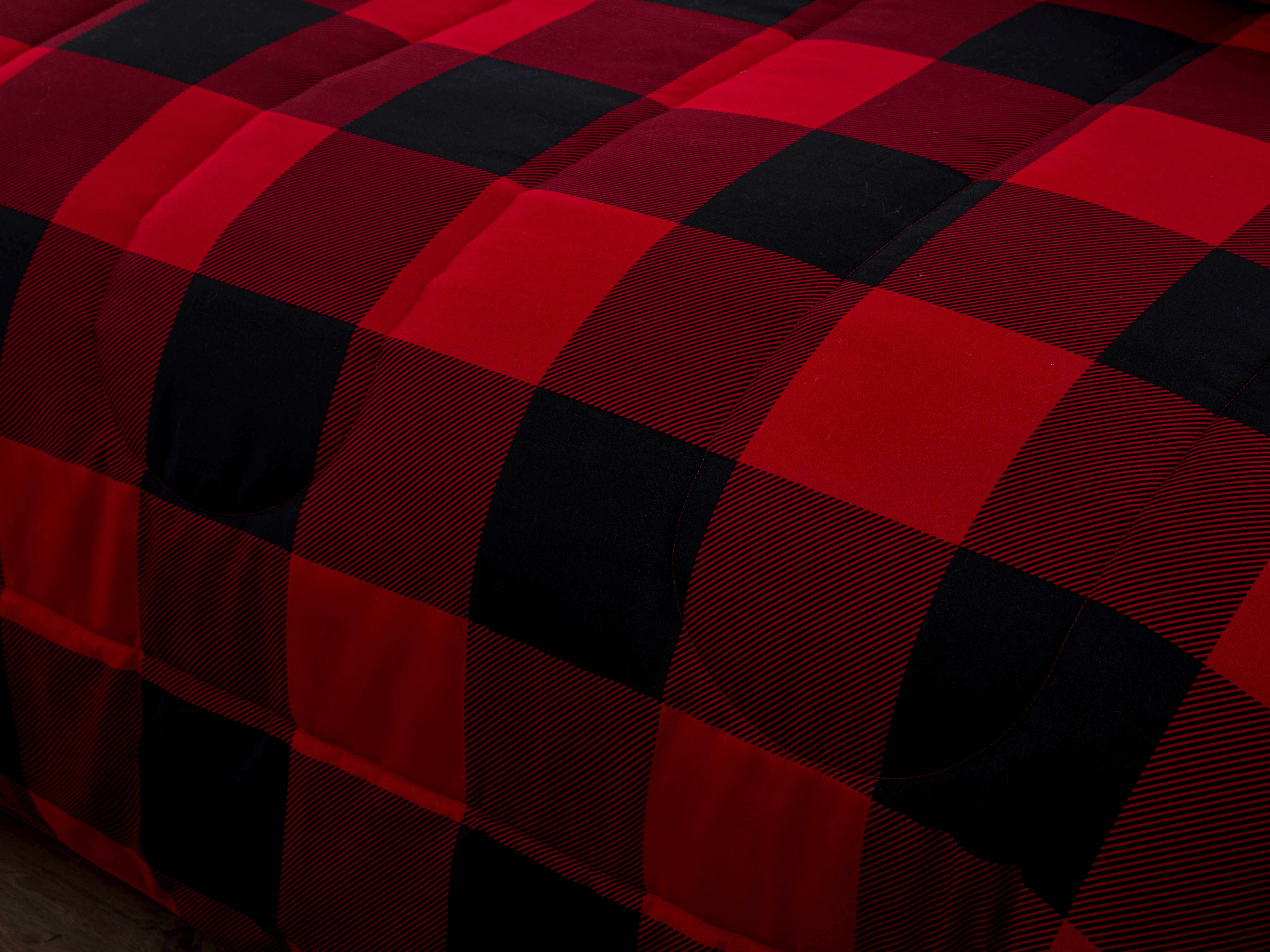 Marina Decoration Ultra Soft Luxury Fluffy Goose Down Alternative Bed in a Bag Rich Printed Comforter Set Includes Sheet Set, Red Black Plaid Pattern