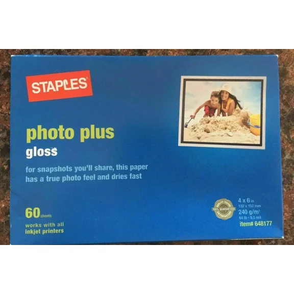 Staples Photo Plus Glossy Inkjet Paper- 60 Sheets 4" X 6"-Mip-Item 648177