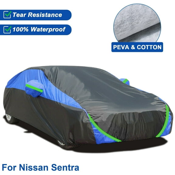 FANOTEK For Nissan Sentra Car Cover Waterproof Full Sedan Car Cover Thickened PEVA&Cotton Outdoor Snow UV Rain Dust All Weather Protection Black Blue
