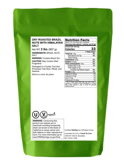 Dry Roasted Brazil Nuts with Himalayan Salt, 2 Pounds — Kosher, Vegan — by Food to Live
