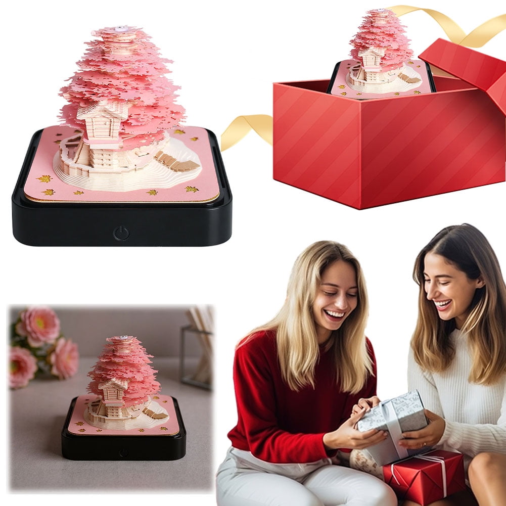 3D Desk Calendar 2026 with LED Lights, 3D Art Calendar Memo Pad 2026, Tear-Away 3D Paper Art Notepad, Romantic Tree House Desktop for Christmas New Year Gifts (Pink)