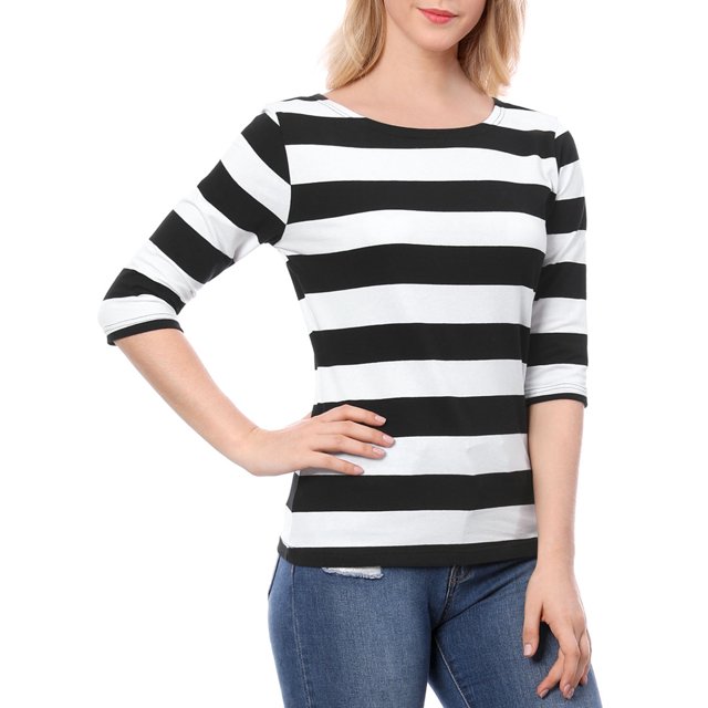 Disfraz de navidad Camisecon mangas de codo pamujer Camisebásiinformal con cuello de barco y corte ajustado Negro Blanco 3XL