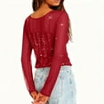 thumbnail image 7 of Glitter Mesh Tops for Women Long Sleeve Crew Neck Shiny Going Out Outfits See-thought Slim Fit Party Clubwear (XL, Red A), 7 of 7