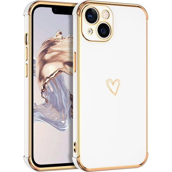 for iPhone 13 Case Luxury Cute Gold Heart for Women Girls, Full Camera Protector Shockproof Protective Corner Cover for iPhone 13 -White