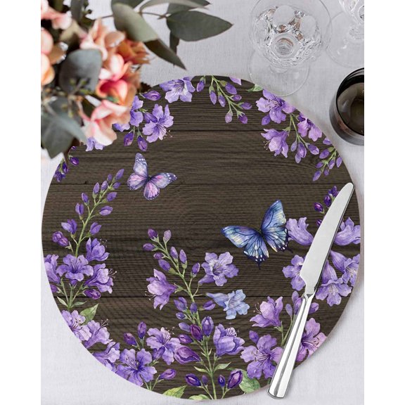 13 Inch Round Placemats Set of 6, Purple Flowers Non Slip Heat Insulation PP Table Mats, Butterfly Spring Floral Wooden Farmhouse Washable Place Mats for Kitchen Dining Party Table Decor