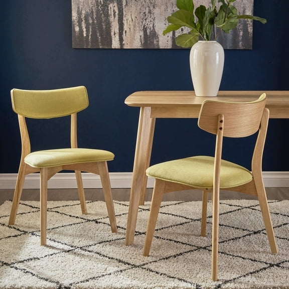 Danae Mid Century Modern Fabric Dining Chairs with Rubberwood Frame, Set of 2, Green Tea and Natural Oak
