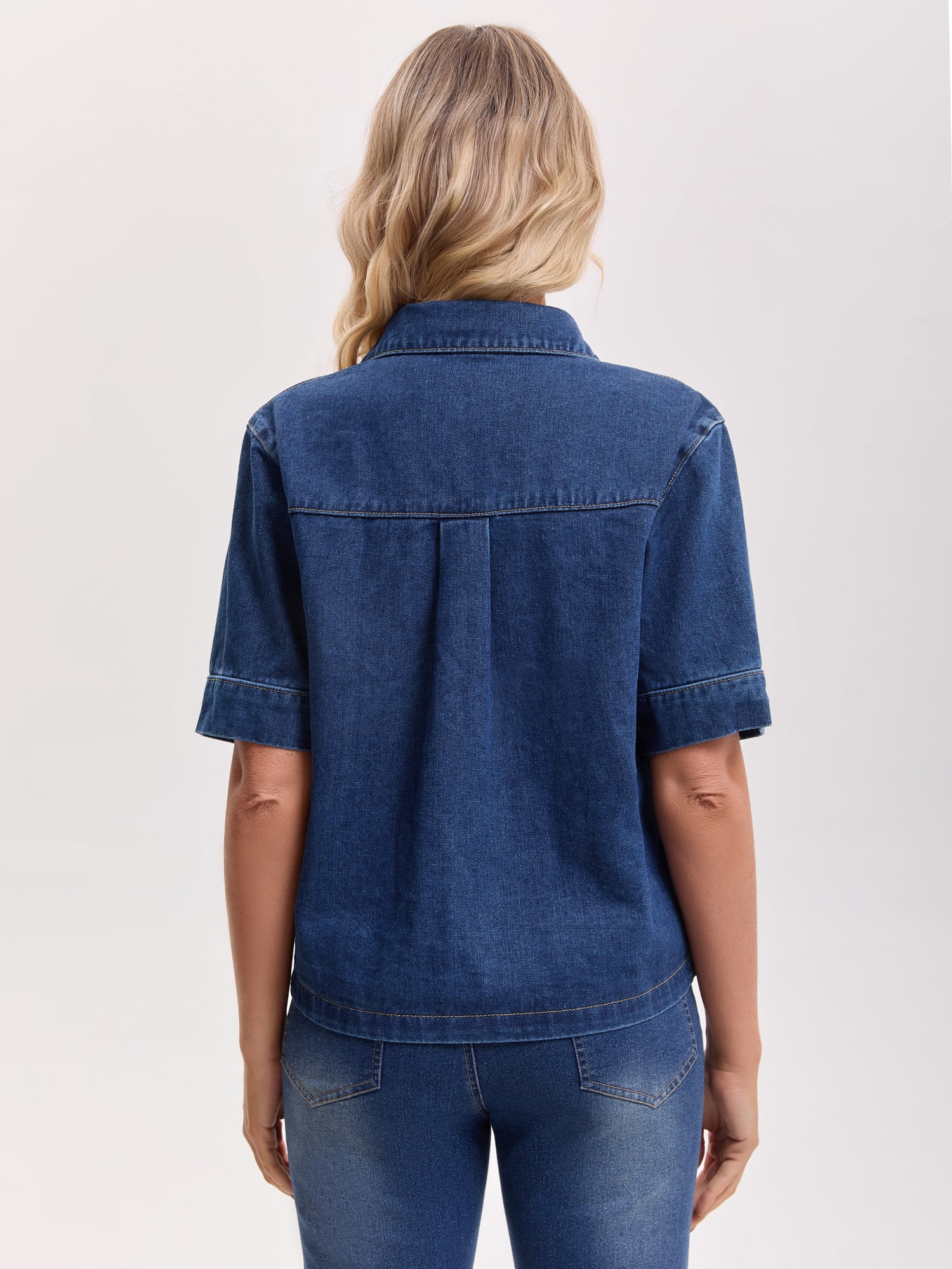DARING DIVA Women's Short Sleeve Button Down Boxy Shirt Tops Jean Jacket M Dark Blue