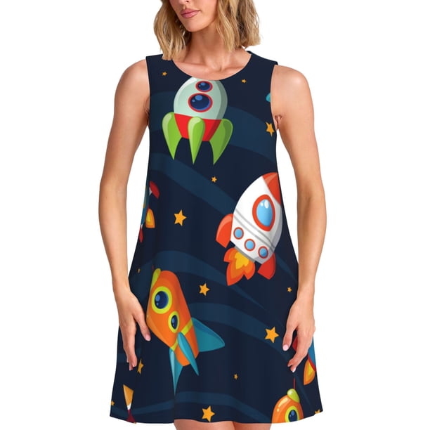 Fotbe Spaceships and Stars Vestido de Verano sin Mangas para Mujer – Vestido Midi Línea A, Estilo Camiseta Floral, Vestido Playero Casual y Fluido
