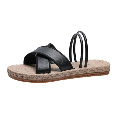 

Fsqjgq Sandals with Straps for Women Ladies Fashion Solid Color Leather Strap Open Toed Straw Woven Sole Flat Sandals Size 5 Women Black 39