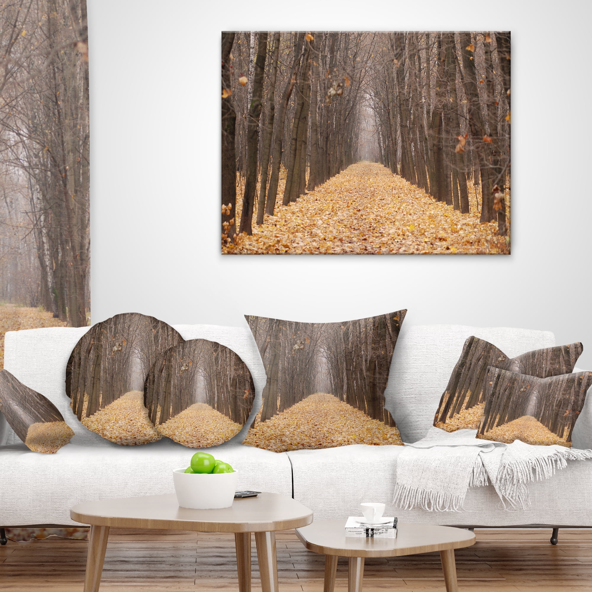 Designart Yellow Road through Fall Forest - Modern Forest Throw Pillow - 16x16