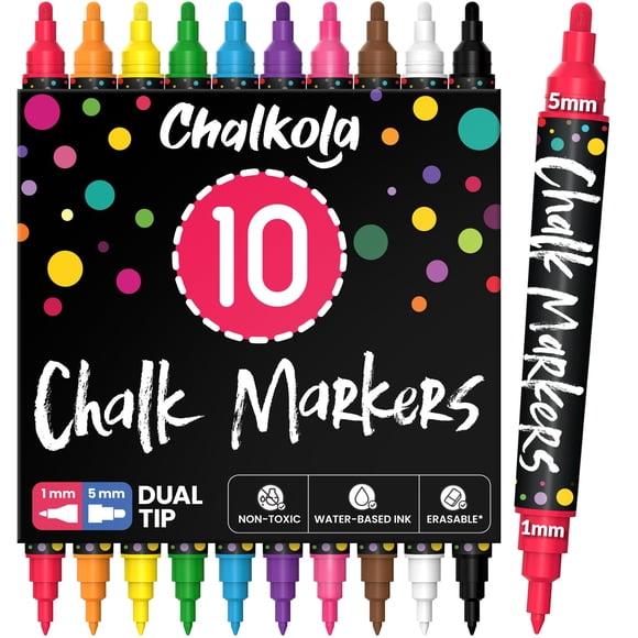 Chalkola Dual Tip Liquid Chalk Markers for Blackboard (10 Pack, 1mm+5mm Fine, Bold) - Dry Erase Mar