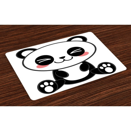 Anime Placemats Set of 4 Cute Cartoon Smiling Panda Fun Animal Theme Japanese Manga Kids Teen Art Print, Washable Fabric Place Mats for Dining Room Kitchen Table Decor,Black White Gray, by