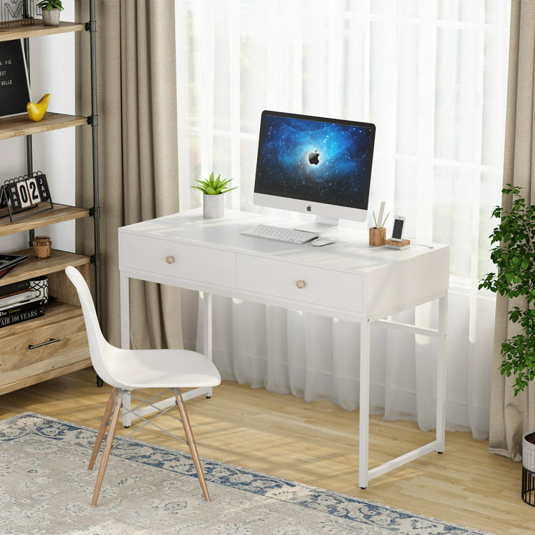Tribesigns 47 Computer Desk with 2 Drawers, Modern Simple Laptop Desk ,  Rectangular White desk 