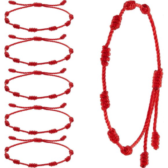6pcs Summer String Bracelet Red Bracelet Red Rope Bracelet Adjustable Kabbalah Red Knot String Bracelet Amulet, 7 Knot Style