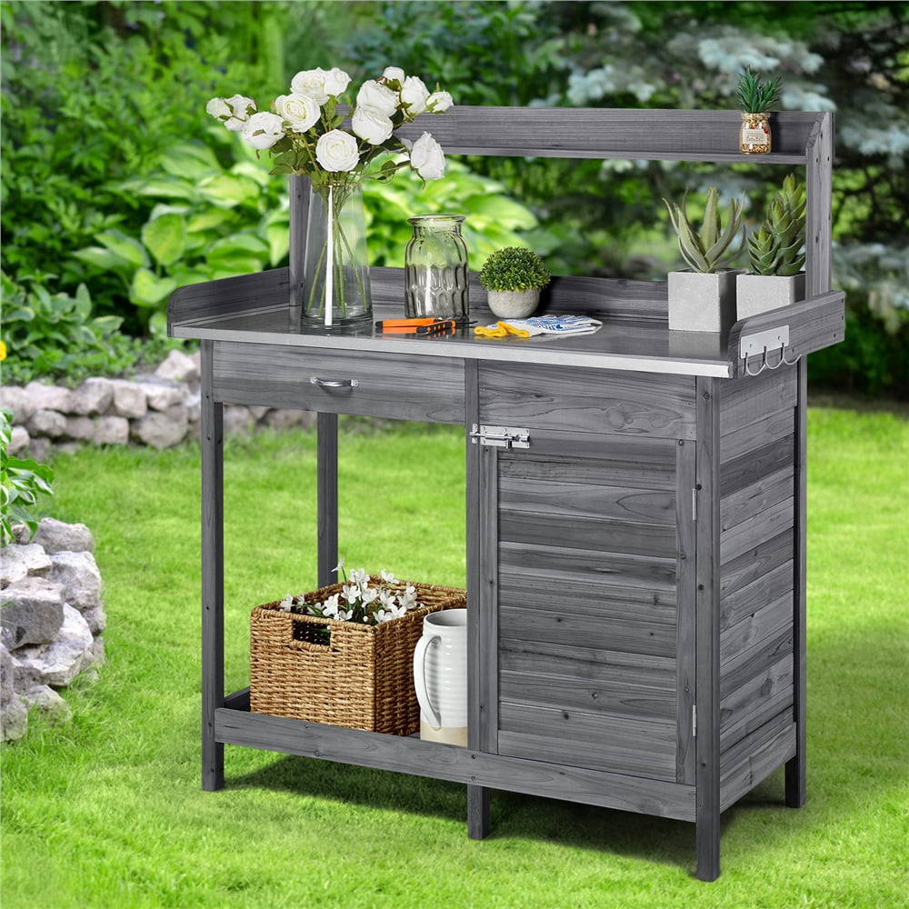 Renwick Potting Bench, Garden Work Table with Storage Cabinet, Open Shelf & Hooks，Gray