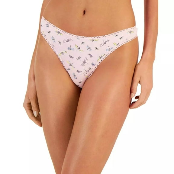 Charter Club Women's Everyday Cotton Lace-Trim Thong, Pink Dragonflies XL