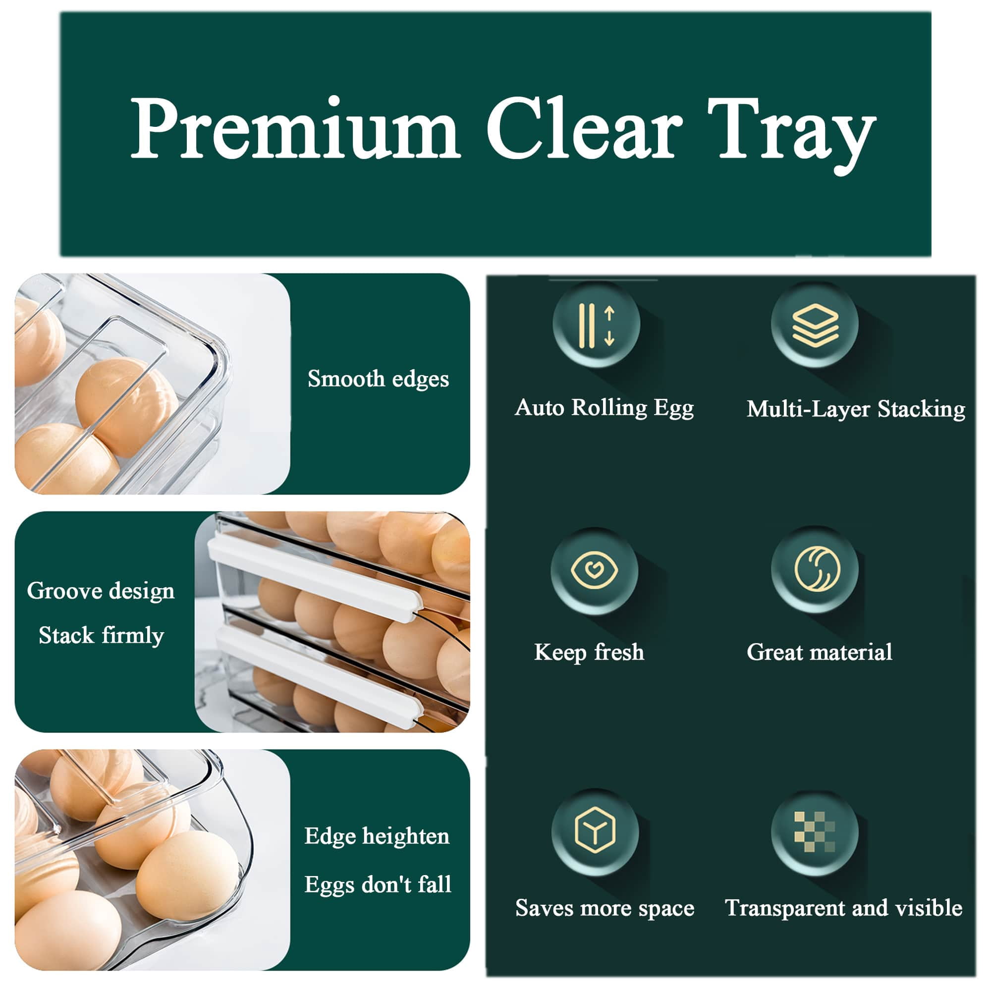 Amikdis Auto Rolling Egg Holder For Refrigerator Large Capacity Egg Container Organizer Tray Bins Stackable Fresh Storage Box For Fridge Plastic Clear(3 Layers)