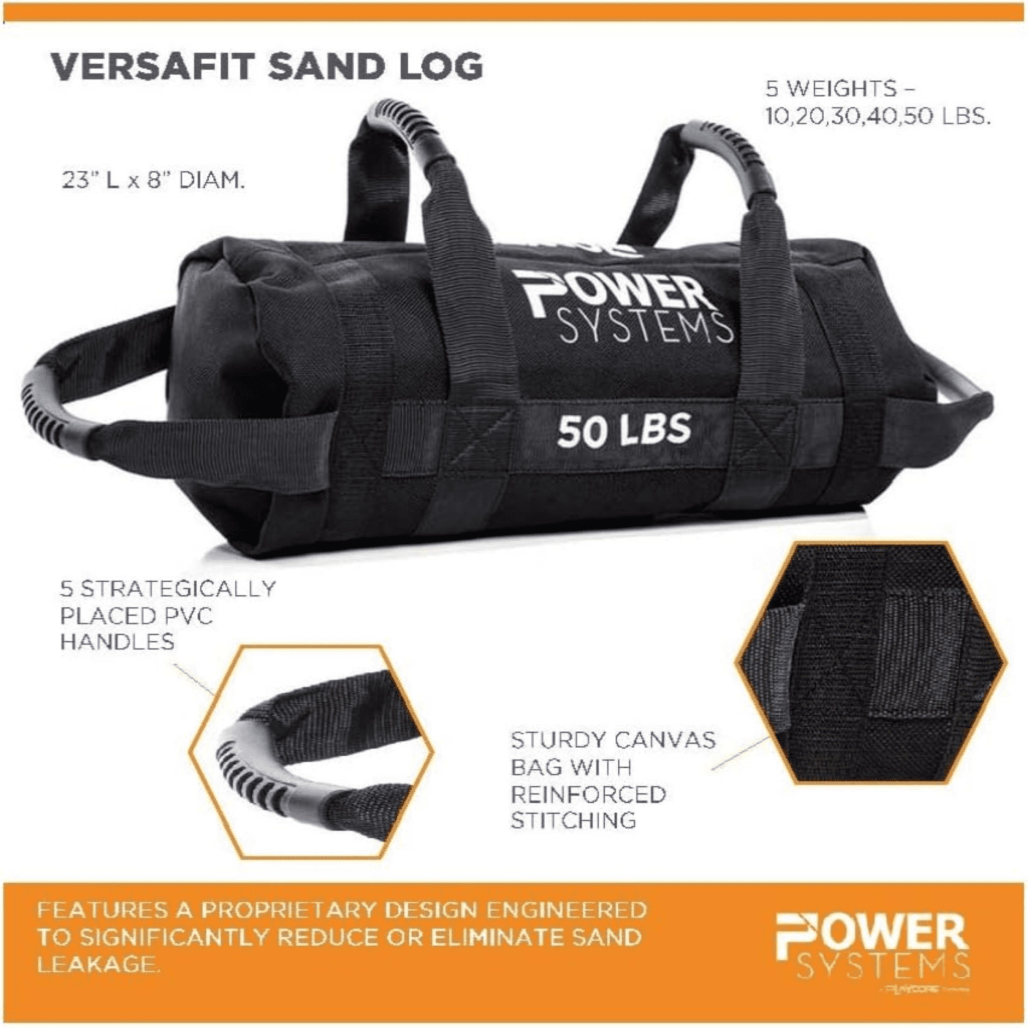 Power Systems VersaFit Sand Log 30 lbs – heavy-duty canvas, 5 grip handles, core & strength training