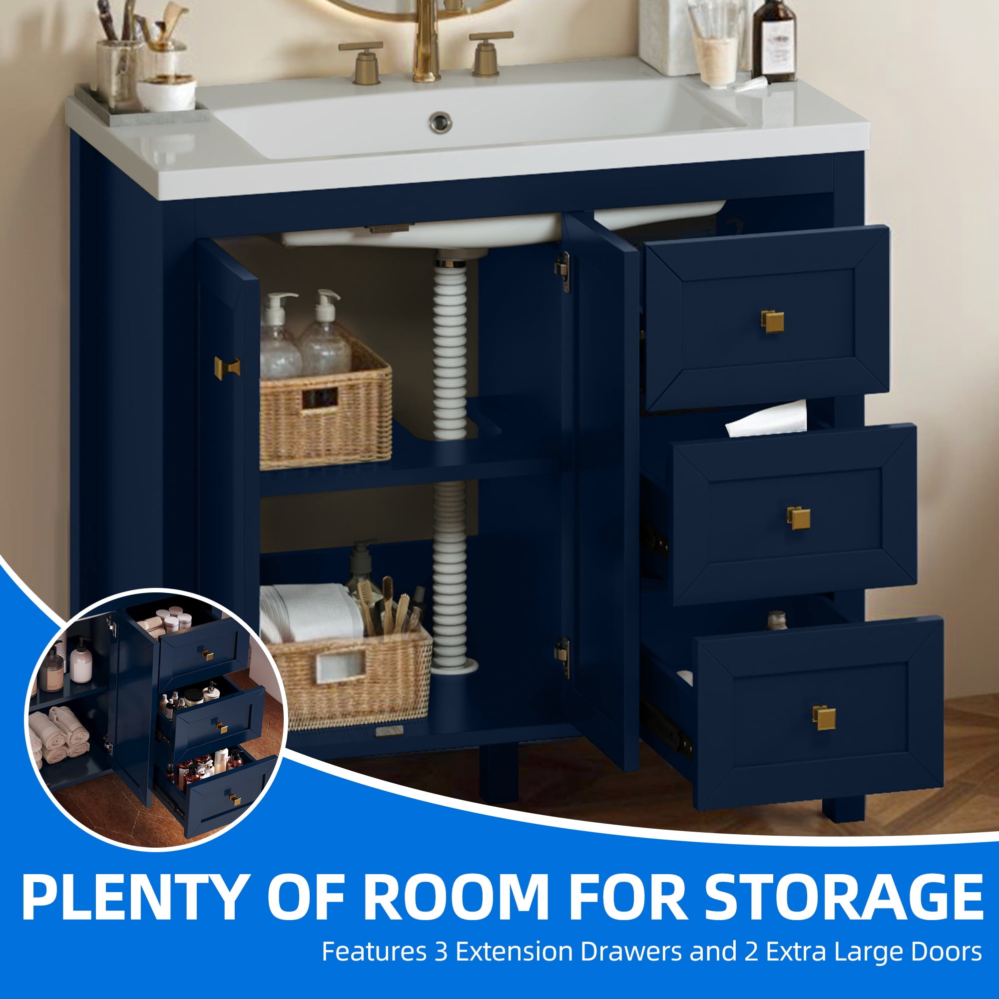 Dextrus 36'' Modern Bathroom Vanity with Sink Combo, Freestanding Bathroom Storage Cabinet with Drawers & Doors, Blue